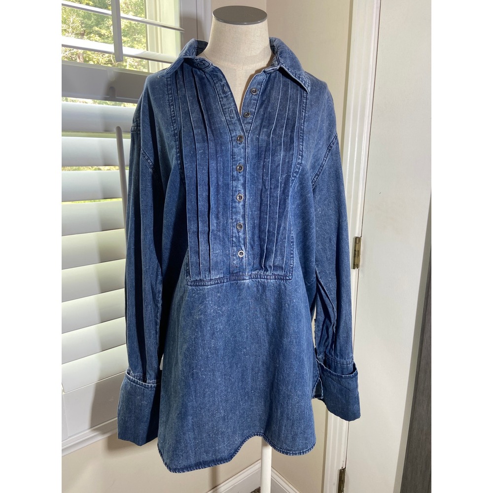 Free People We The Free After Hours Denim Tunic S/M Pleated Oversized Boho EUC